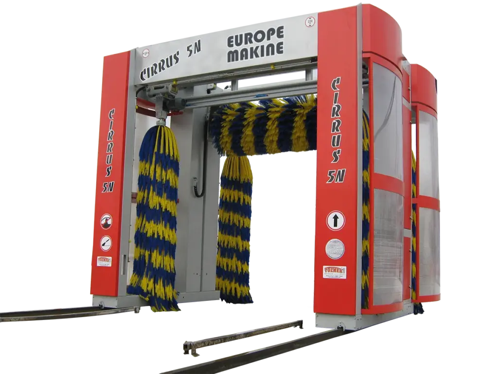Studio view of a red rollover with blue and yellow brushes, CIRRUS 5N and Europe Makine lettering on the header